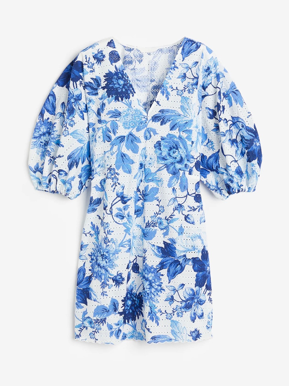 H&M Blue Floral Embroidered Eyelet Puff Sleeve Mini Dress
